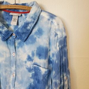 Women 3x EUC Lightweight 100% Cotton Blue White Tie Dye 3/4 Sleeve Button up Top